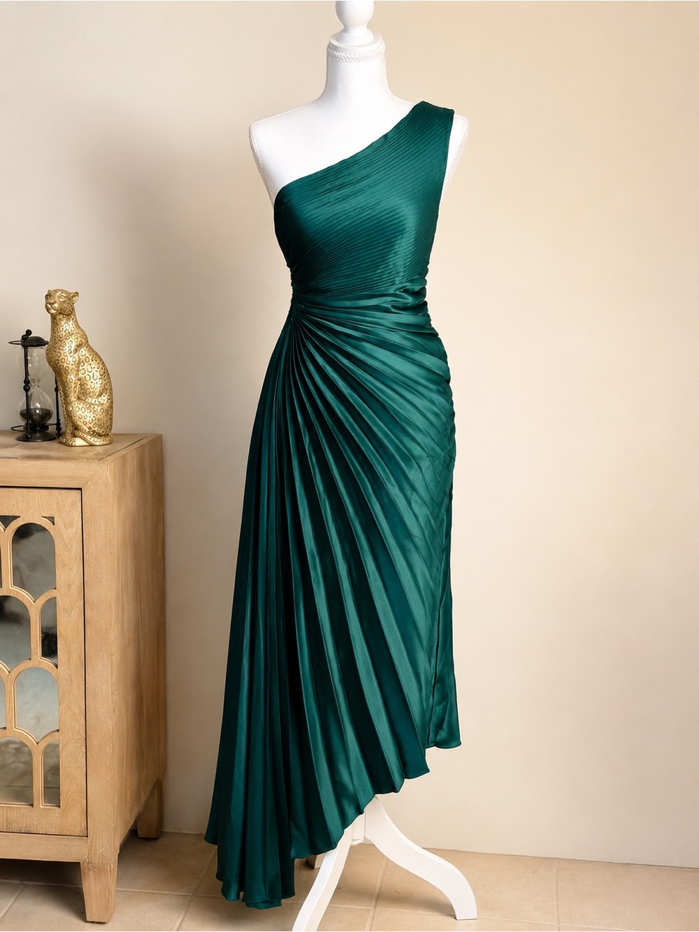 Fashion Nova Emerald Green Pleated One Shoulder Maxi Dress S
